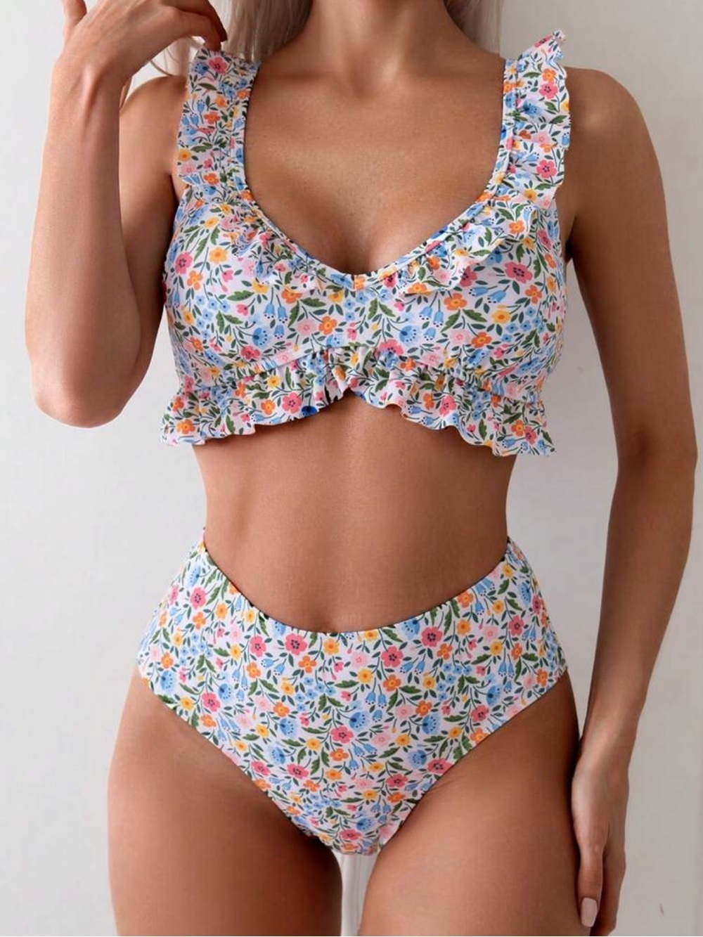 Floral Ruffle High-Waist Bikini Set Multi-Color Flowers